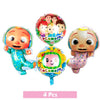 A set of four Cocomelon themed balloons featuring characters and a table setting.
