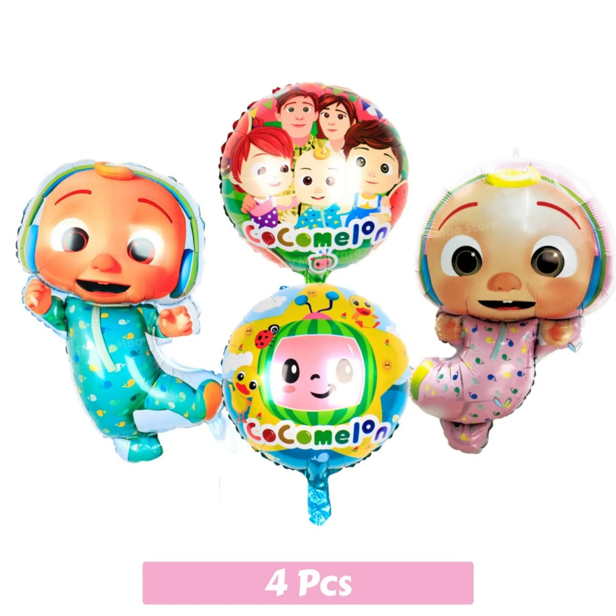A set of four Cocomelon themed balloons featuring characters and a table setting.