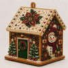 A detailed diamond painting kit depicting a rustic Christmas cabin with a decorated roof and festive scene.