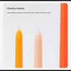 Two tapered candles, one yellow and one peach, are shown next to text about cleaning materials.