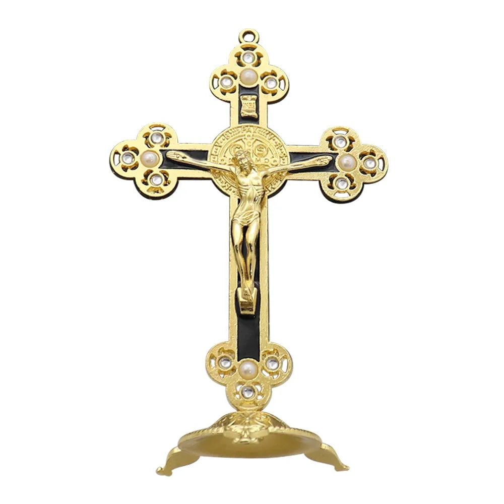 Golden Crucifix Figurine with Enamel Accents