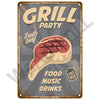 A vintage metal sign with the text GRILL PARTY Fresh beef FOOD MUSIC DRINKS and a graphic of a sliced steak.