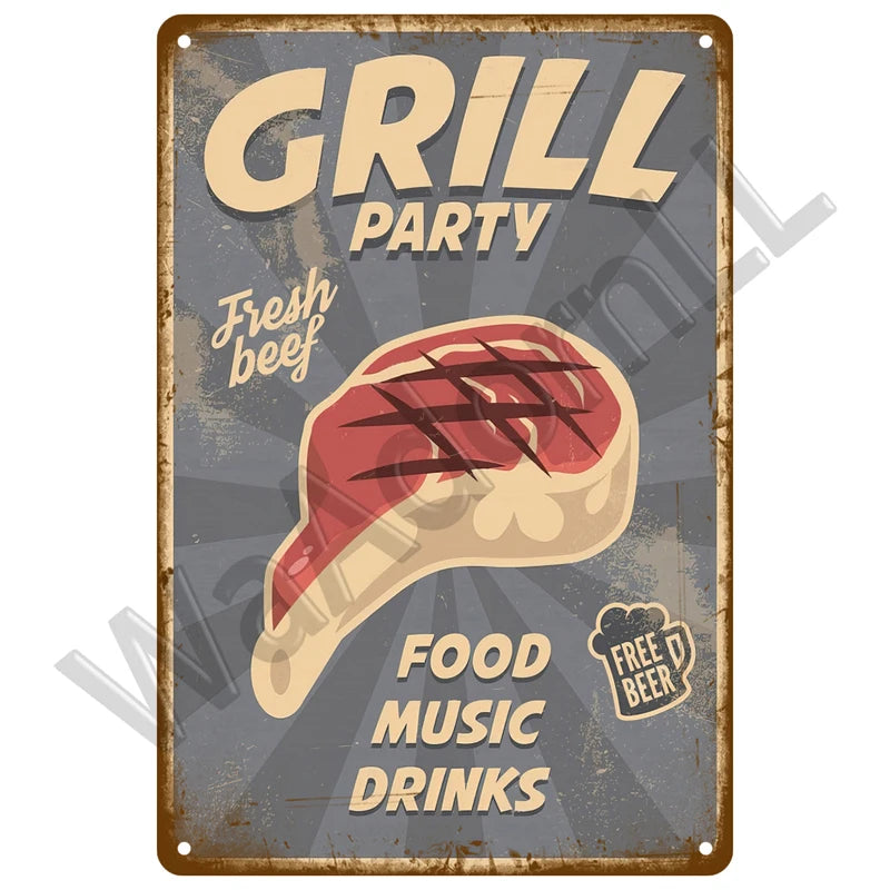 A vintage metal sign with the text GRILL PARTY Fresh beef FOOD MUSIC DRINKS and a graphic of a sliced steak.