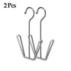 Two stainless steel hanging shoe organizers with double hooks.
