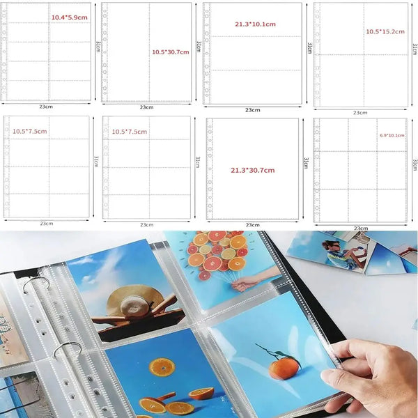 A stack of A4 Kpop photocard binder sheets showing various sizes and layouts.