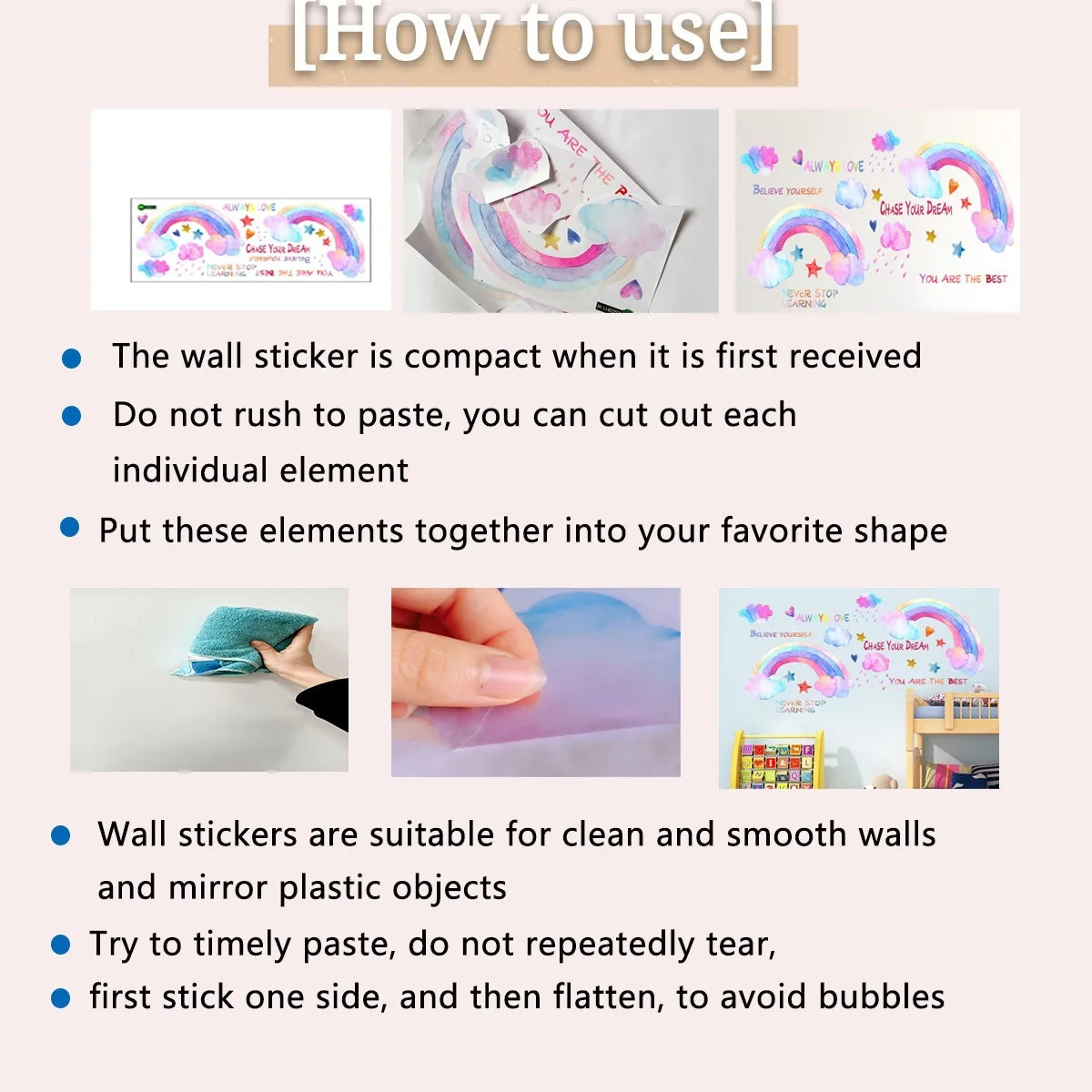 Wall stickers featuring unicorn, dinosaur, and giraffe shapes for a kids' room