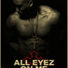 A black and white portrait of a bald man with tattoos, featuring the text ALL EYEZ ON ME.