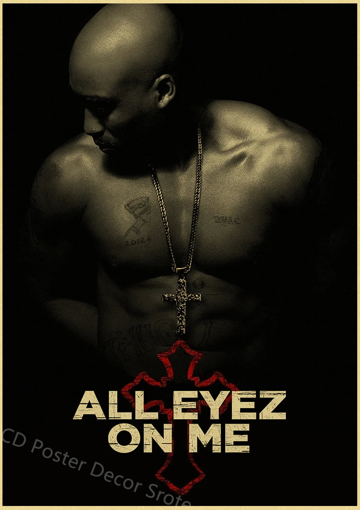 A black and white portrait of a bald man with tattoos, featuring the text ALL EYEZ ON ME.