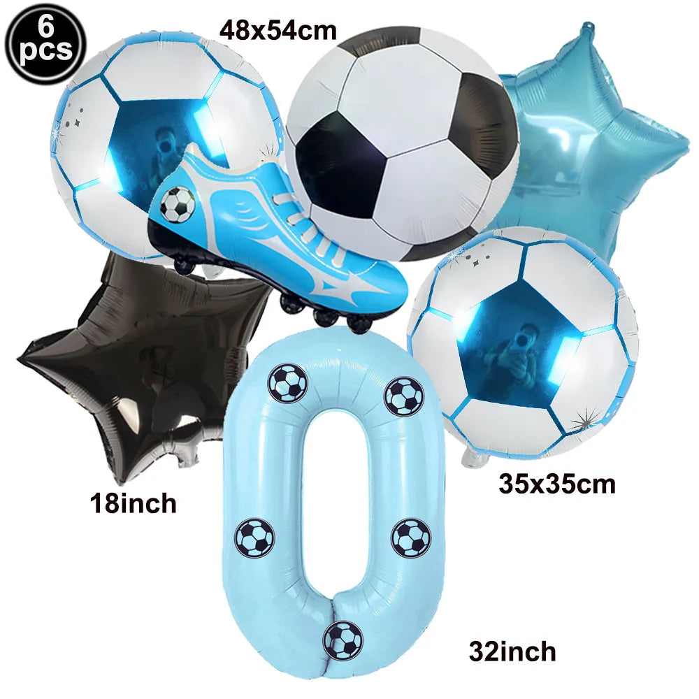 Un ensemble de six ballons à thème de football, incluant un ballon, un ballon de soccer et un ballon ovale en forme de zéro.