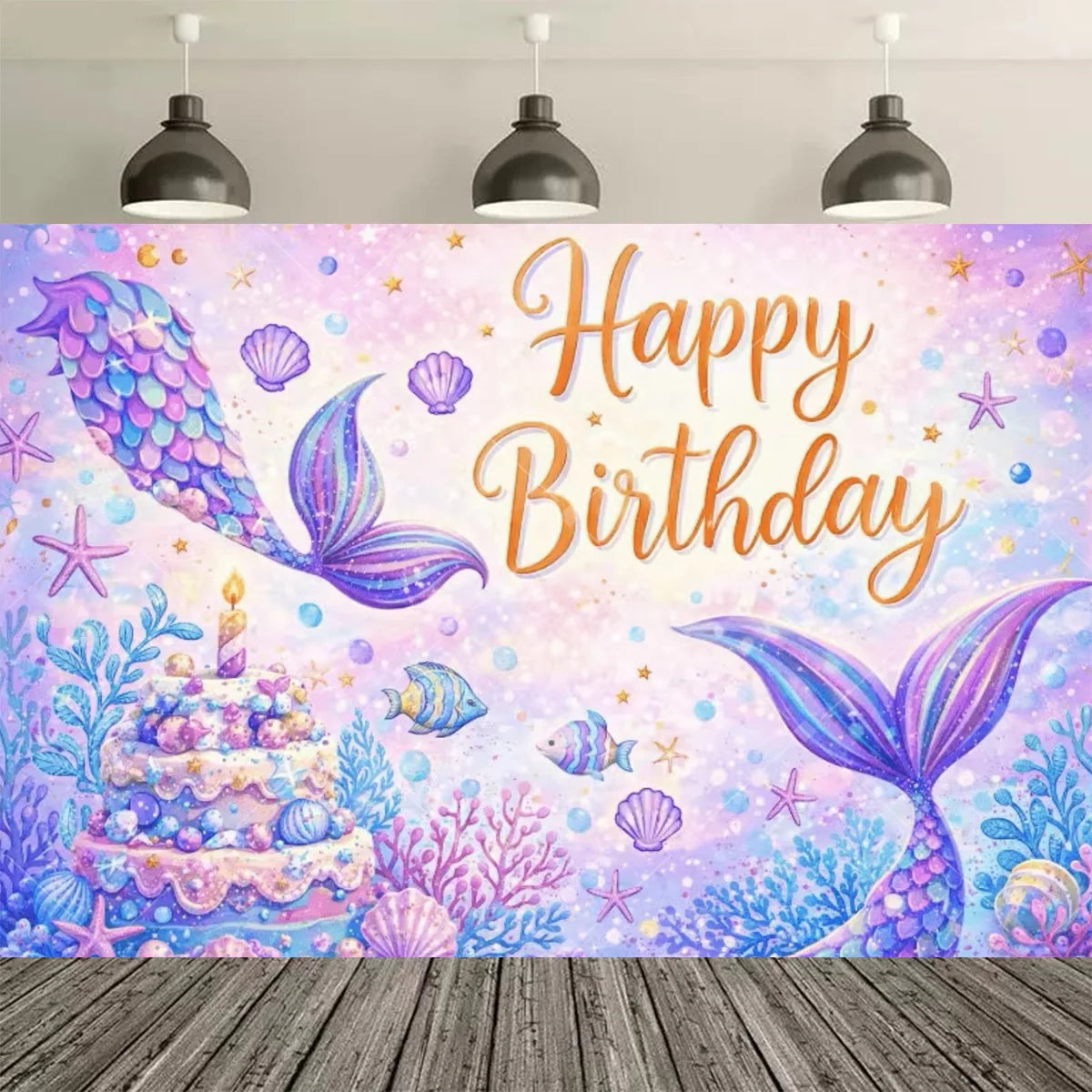 A vibrant purple and pink mermaid tail birthday backdrop featuring scales, starfish, and underwater flora.