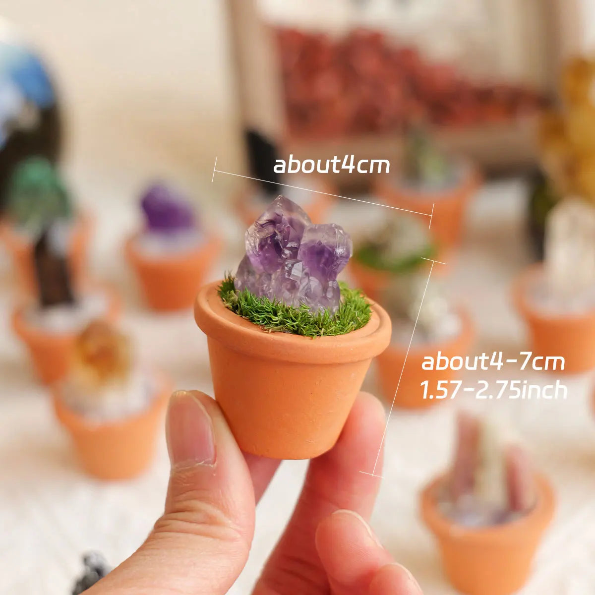 A hand holds an orange terracotta pot containing a green moss plant and a purple amethyst crystal decoration.