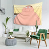 A large tapestry featuring a cartoon depiction of Peter Griffin hanging on a wall above a white sofa.