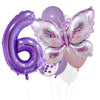 A set of purple foil balloons shaped like the number six and a butterfly