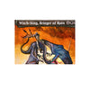 A fantasy art trading card featuring a witch-king, the bringer of ruin, battling a dragon against an orange and dark backgrou