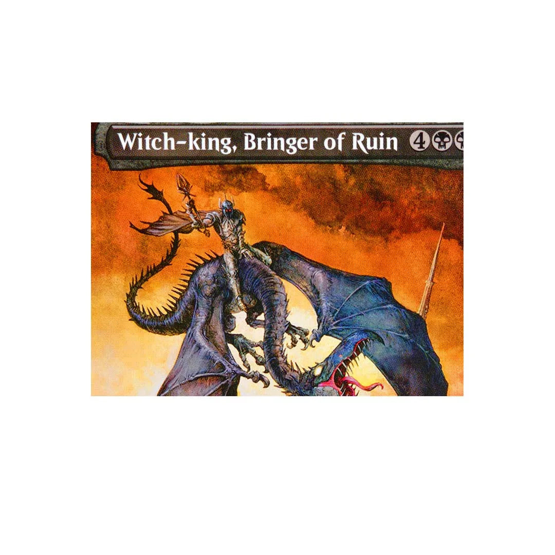 A fantasy art trading card featuring a witch-king, the bringer of ruin, battling a dragon against an orange and dark backgrou