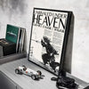 A framed poster featuring a black and white illustration of a warrior under heaven with Japanese text.