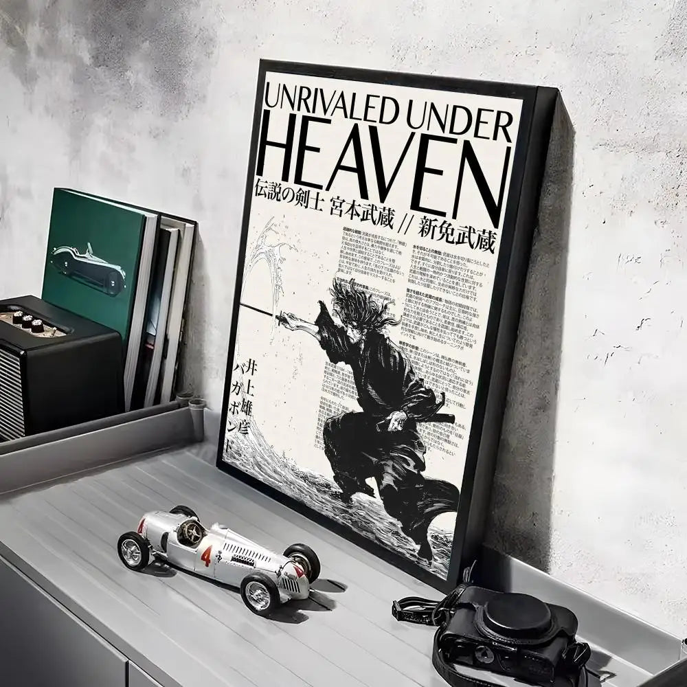 A framed poster featuring a black and white illustration of a warrior under heaven with Japanese text.