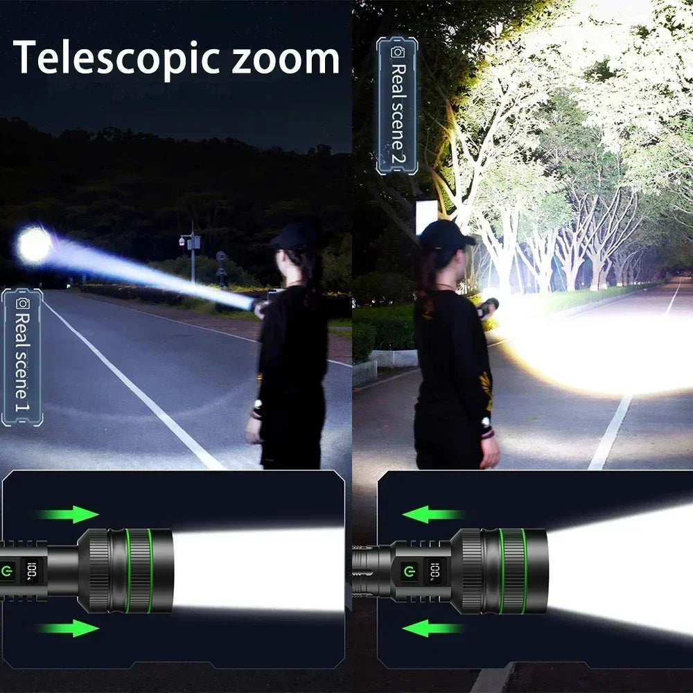 Comparison of Real scene 1 and Real scene 2 telescopic zoom features of a rechargeable flashlight.