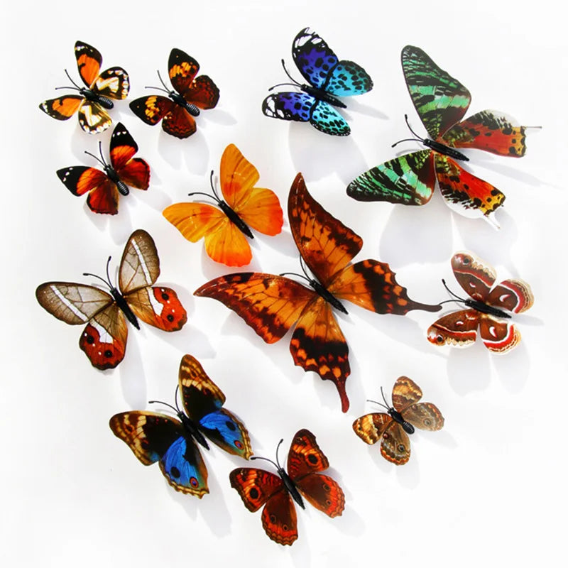 A collection of twelve colorful, realistic 3D butterfly wall stickers in various shades of orange, brown, and blue.