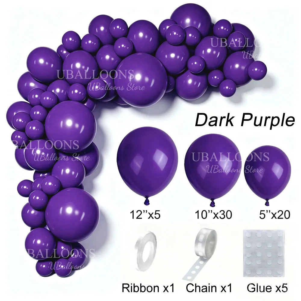 A purple latex balloon garland kit featuring balloons in various sizes and ribbon for party decoration.