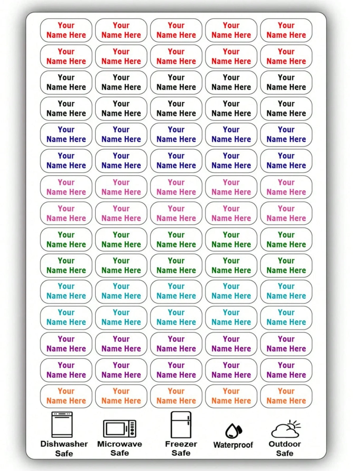 A display of waterproof customizable name tags in various colors and styles.