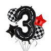 A bunch of black foil balloons shaped like the number three and a star, including a black and white checkered balloon.