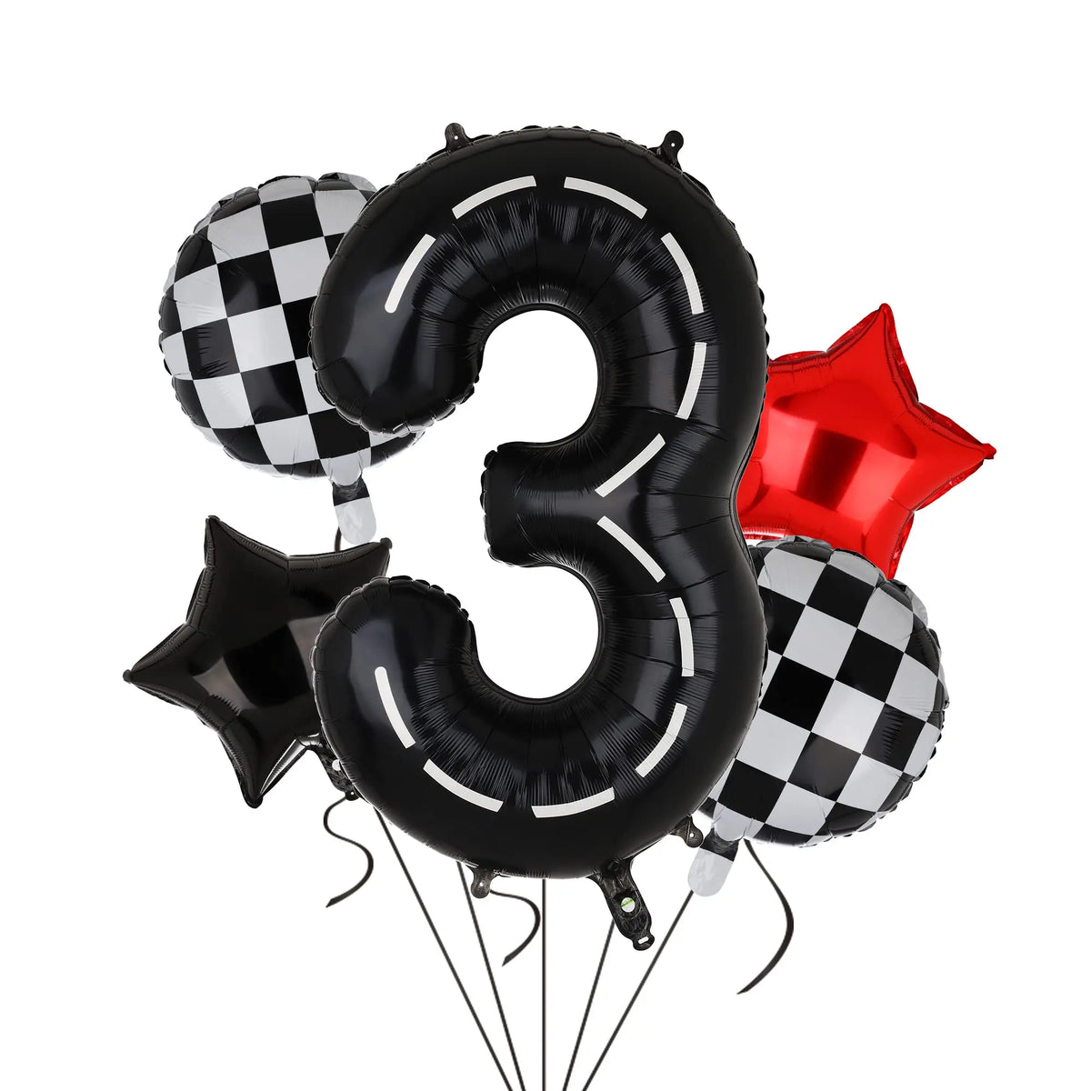 A bunch of black foil balloons shaped like the number three and a star, including a black and white checkered balloon.