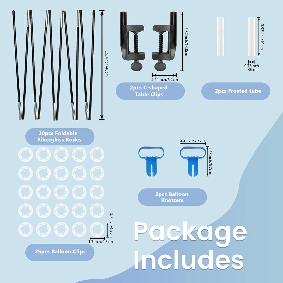 A package of black table clips, frosted tubes, and balloon knotters for an arch kit.