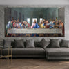 A painting of The Last Supper featuring apostles gathered around a table on a wall.