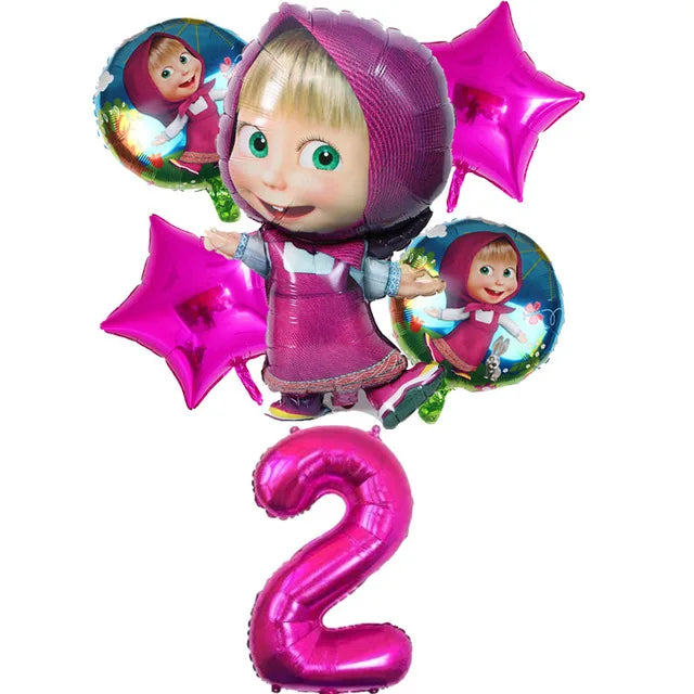 A set of pink and teal balloons featuring Masha and the Bear characters for a birthday party.