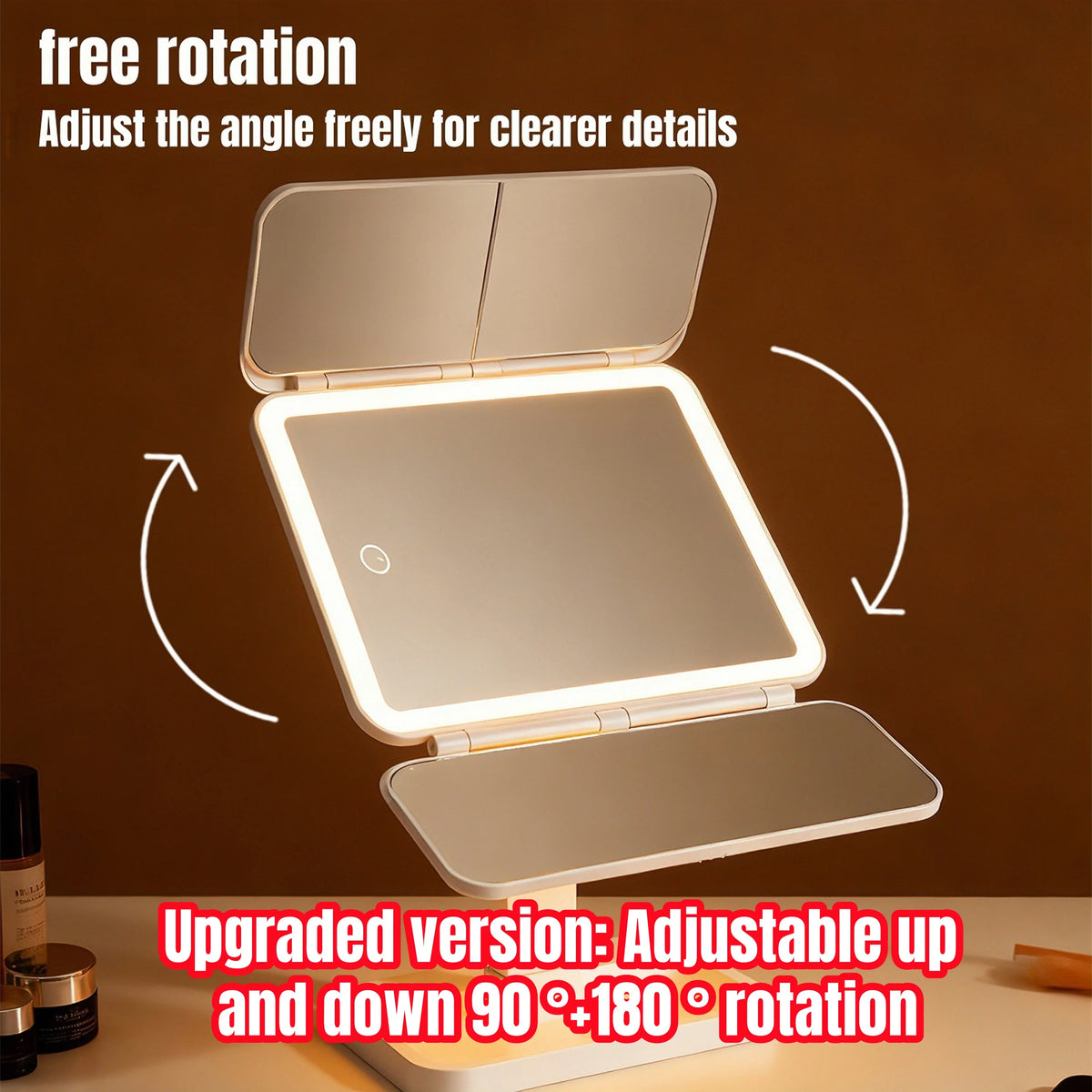 A triple fold LED makeup mirror demonstrating free rotation for clearer details.