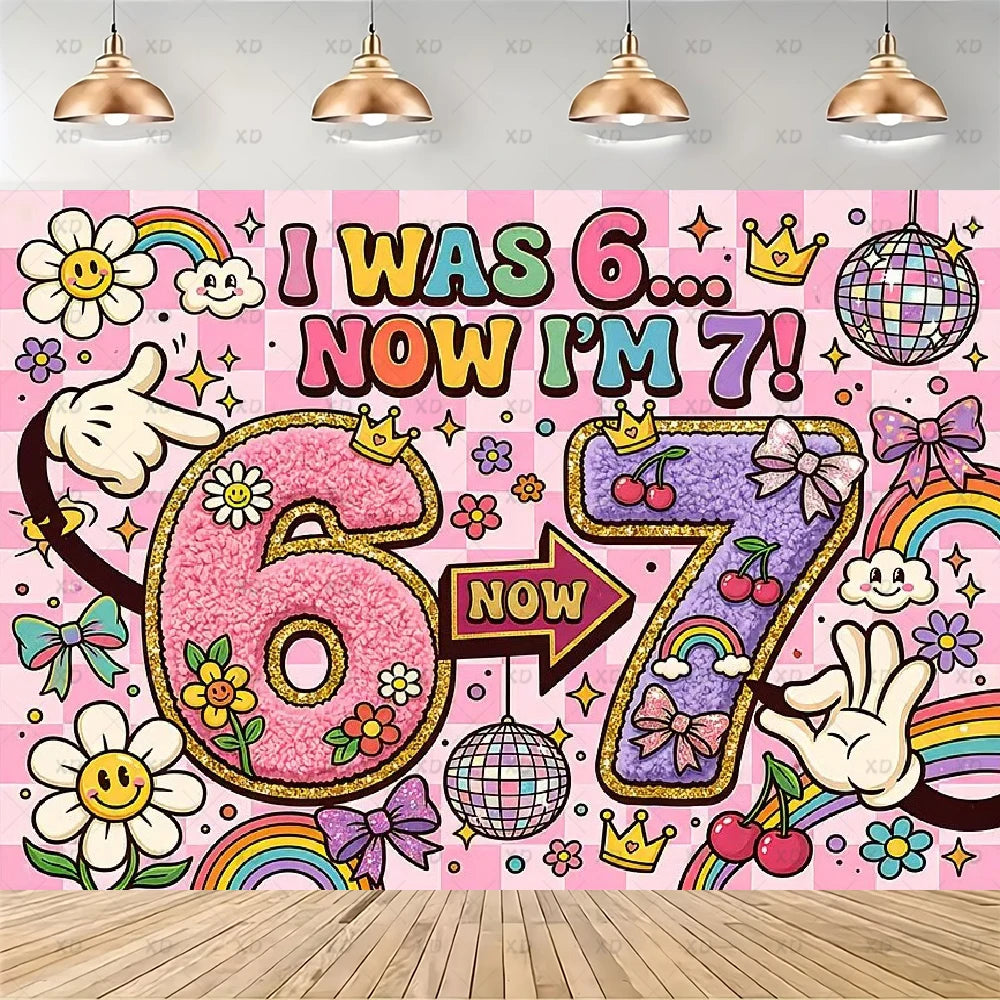A colorful wall decal featuring text I Was 6 Now I Am 7 surrounded by rainbows, flowers, and glittery elements.