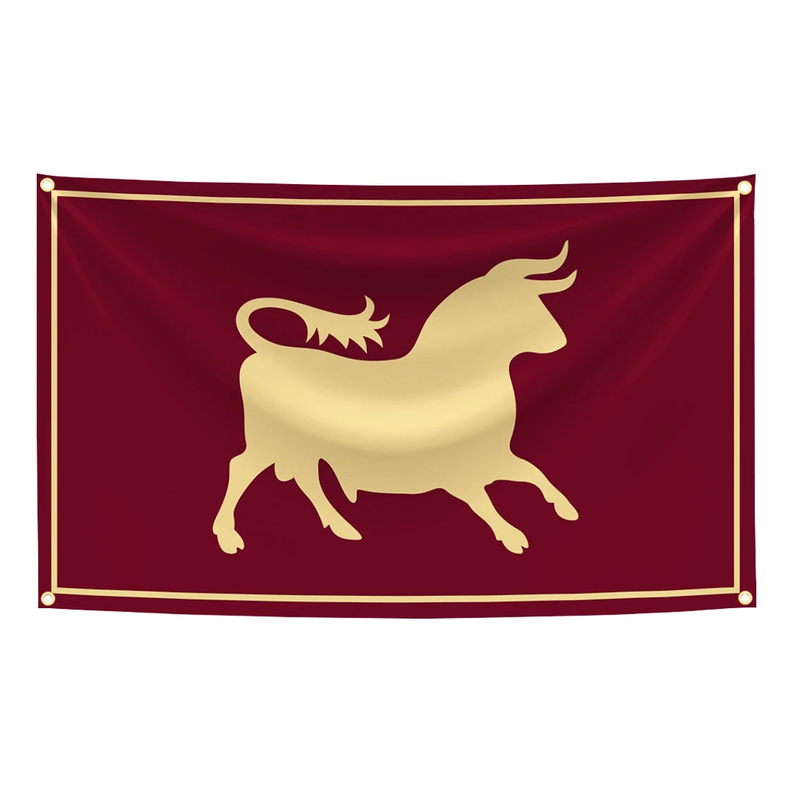Tapestry de tissu bordeaux profond avec une silhouette dorée d'un taureau de profil.