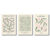 A set of three neutral floral wall art prints featuring botanical designs in muted greens and pinks.