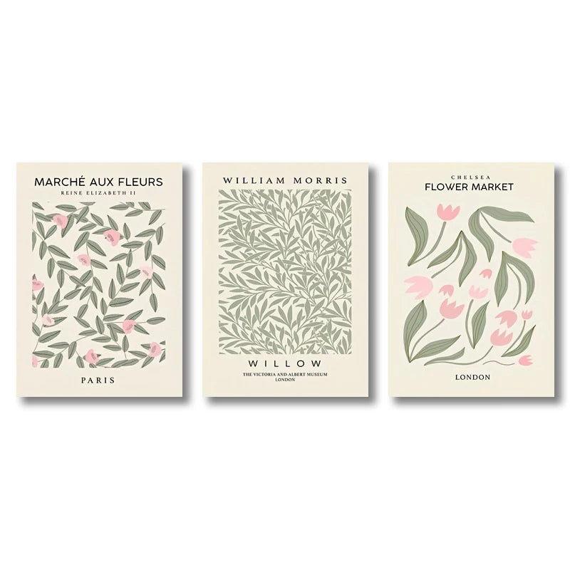 A set of three neutral floral wall art prints featuring botanical designs in muted greens and pinks.