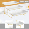 A set of three rectangular serving platters on gold-toned metal stands.