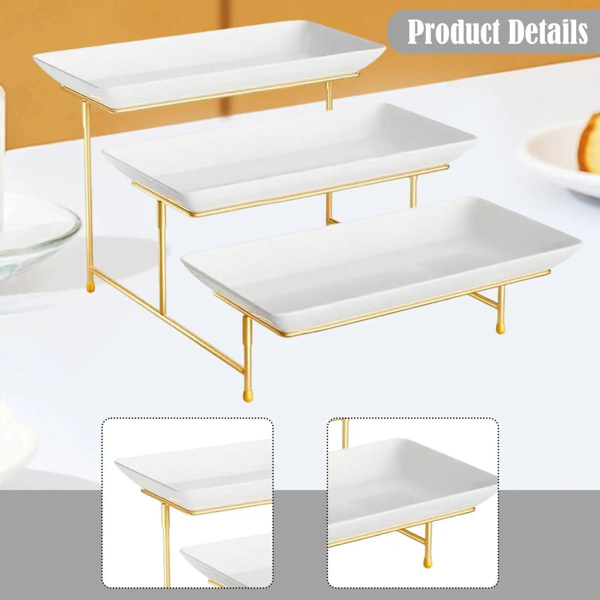 A set of three rectangular serving platters on gold-toned metal stands.