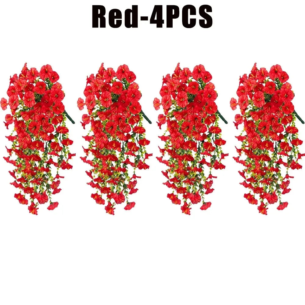 Four bunches of red artificial morning glory hanging vines for decoration