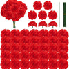 A collection of red silk marigold flowers in various shapes and sizes for Dia de los Muertos and fall decor.