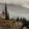 A retro oil painting depicting a river village landscape with trees and rolling hills under a cloudy sky.