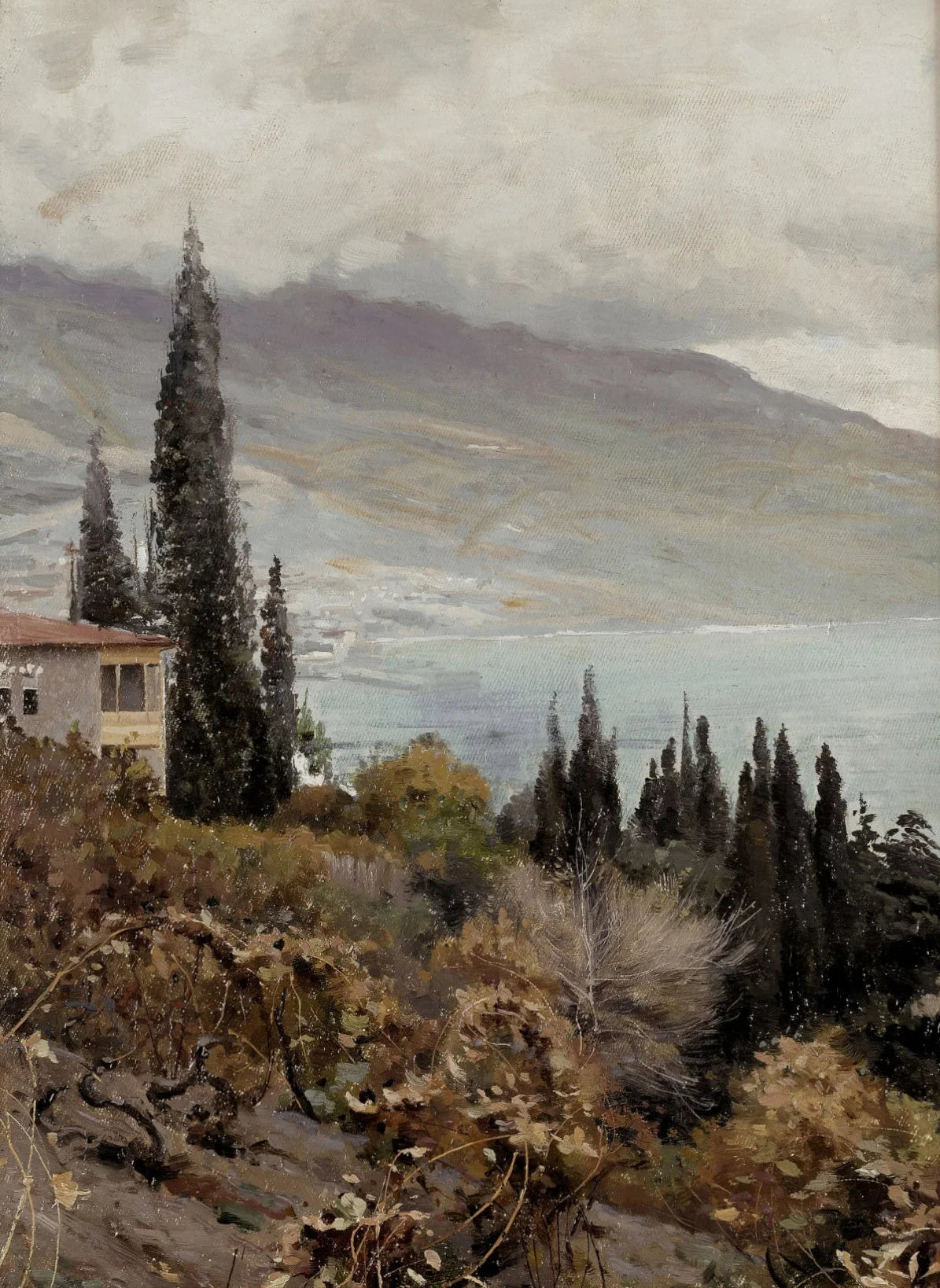 A retro oil painting depicting a river village landscape with trees and rolling hills under a cloudy sky.