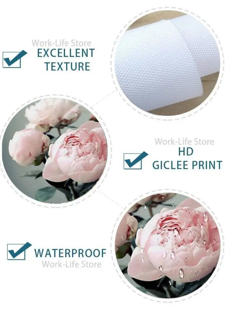Close-up of a pink rose flower with water droplets on a dark background, showcasing the texture and HD giclee print of the ar
