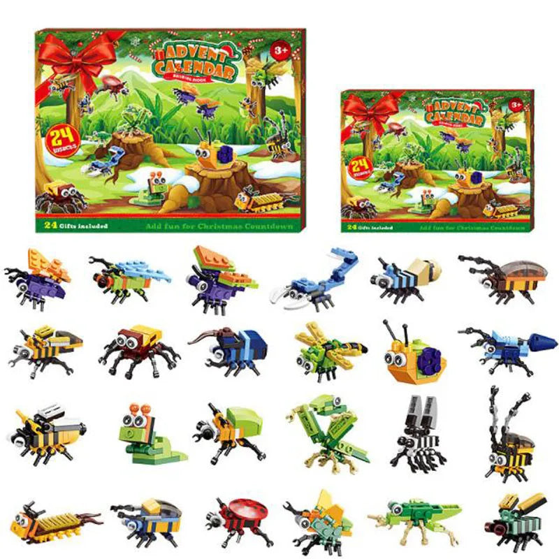 A box for a 24-day Christmas Advent Calendar featuring jungle animals and building blocks.
