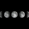 A series of lunar phases, ranging from new moon to full moon, displayed in a minimalist black and white print.
