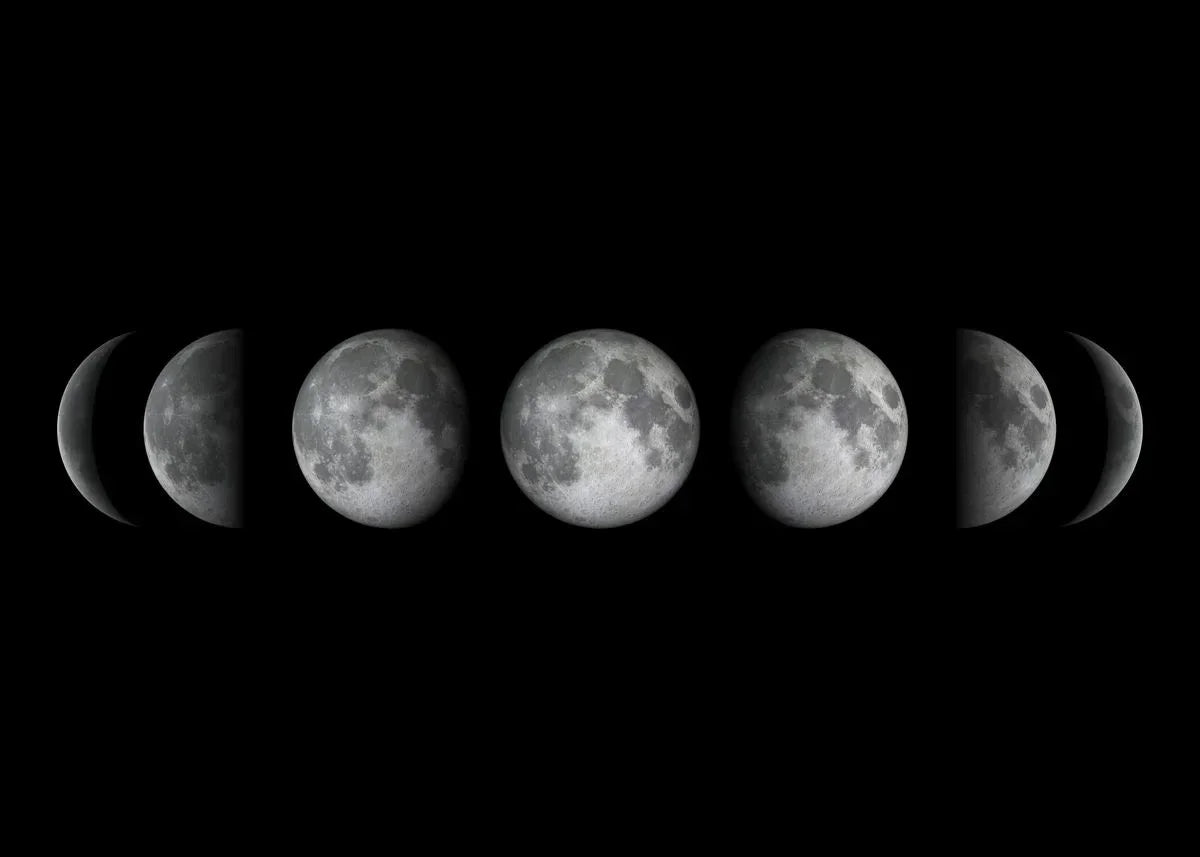 A series of lunar phases, ranging from new moon to full moon, displayed in a minimalist black and white print.