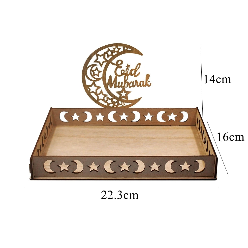 Bandeja de servir de Eid Mubarak de madera con estrellas y luna creciente decorativas