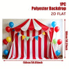 A 2D flat polyester red and white striped backdrop banner for a party or photo booth.