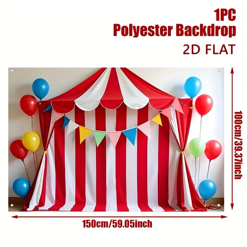 A 2D flat polyester red and white striped backdrop banner for a party or photo booth.
