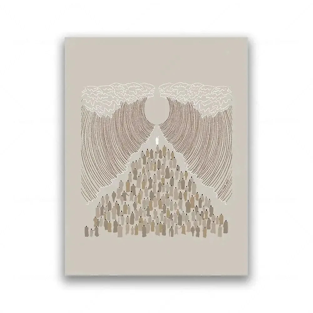 Ilustración monocromática de una multitud extendiendo la mano hacia la silueta de Jesús lavando los pies.