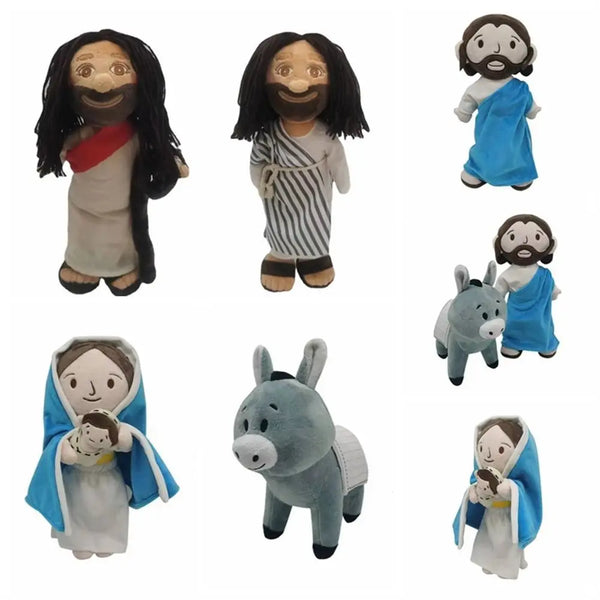A set of soft religious figurines depicting Jesus and Mary in various poses and outfits.